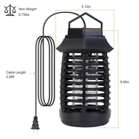 Black electric bug zapper with 9.06in height, 5.12in width, 3.28ft cord, 0.73lbs weight for indoor/outdoor pest control