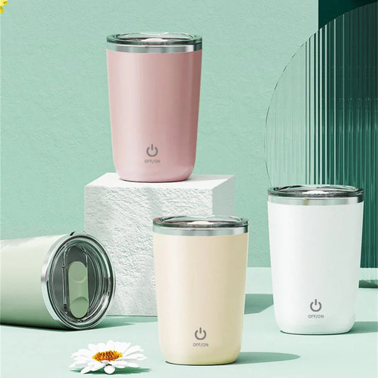 Smart insulated cups with lids in pastel colors, featuring power button icons, on a mint background.