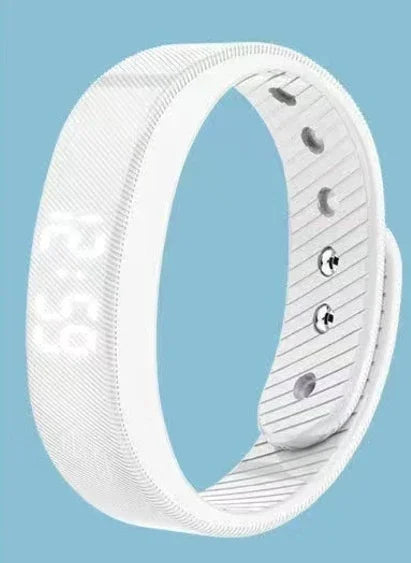 White silicone smart fitness band with digital LED time display on a light blue background