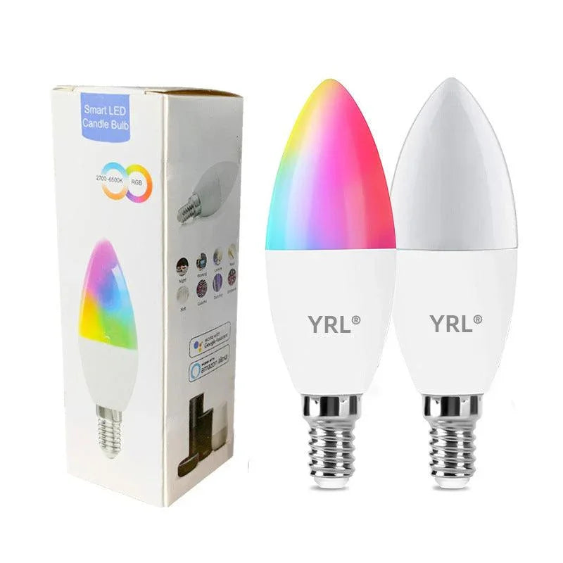 Smart LED candle bulbs with RGB color and white options alongside product packaging