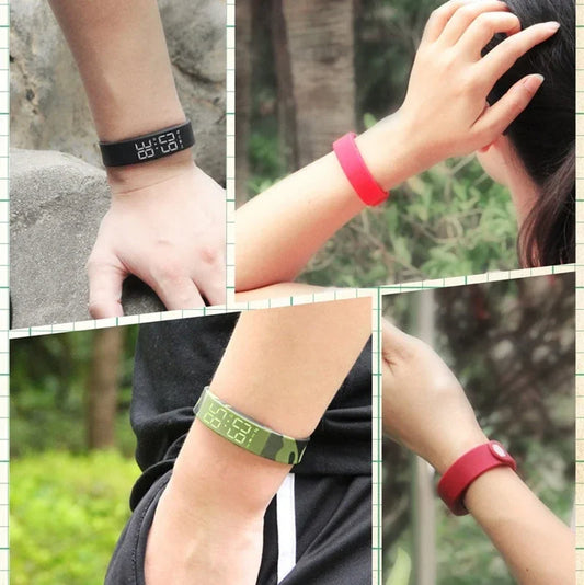 Collage of people wearing various colored digital LED wristband watches.