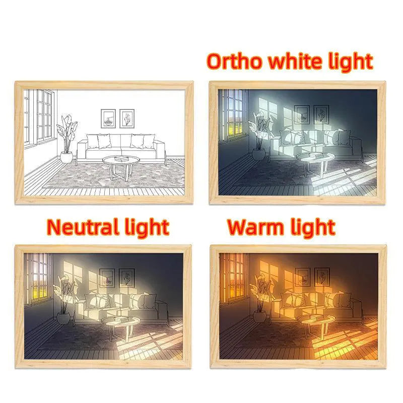 Four framed images showing a living room sketch under different lighting: no light, ortho white, neutral, and warm light