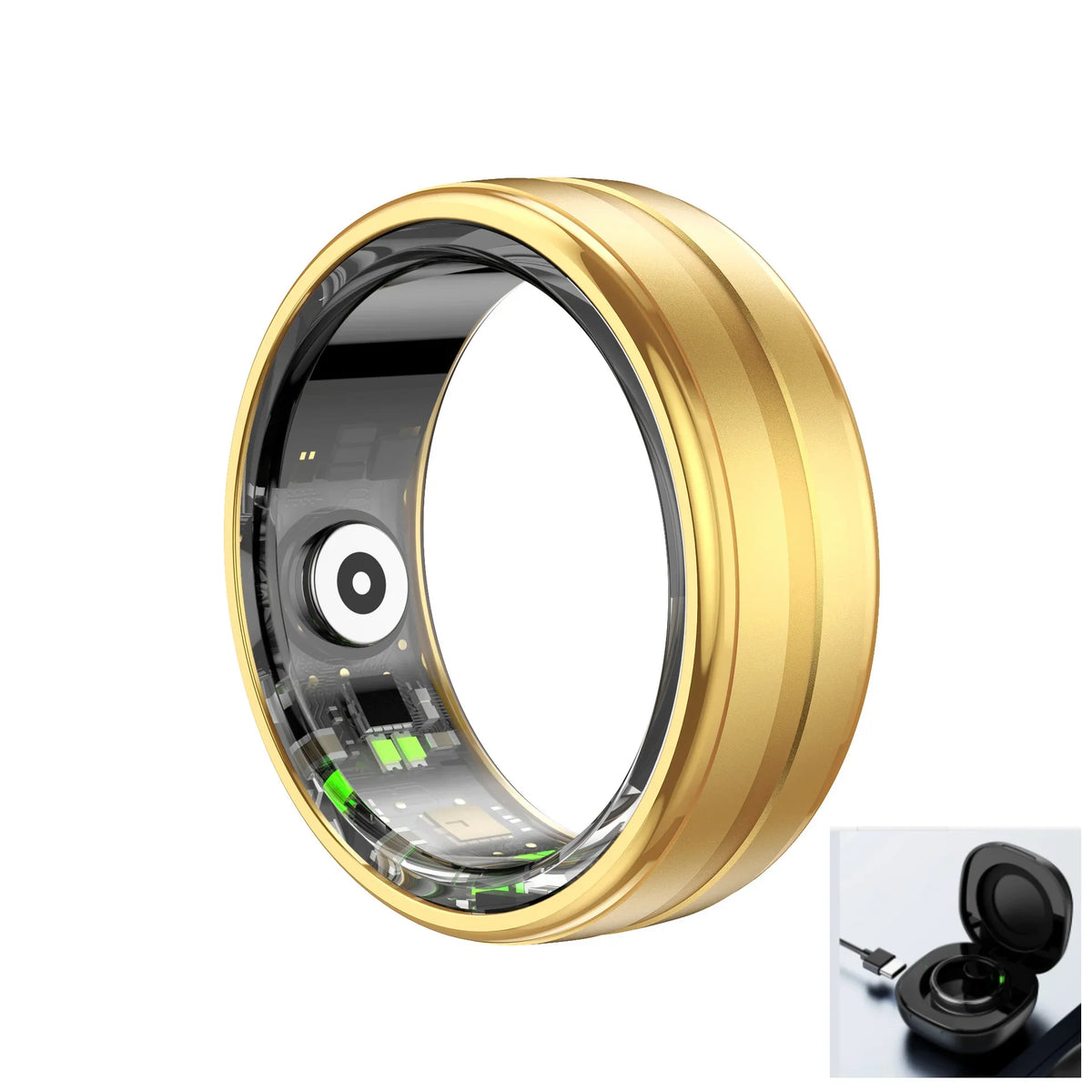 Gold smart ring with visible circuitry and charging case, sleek wearable tech for health tracking