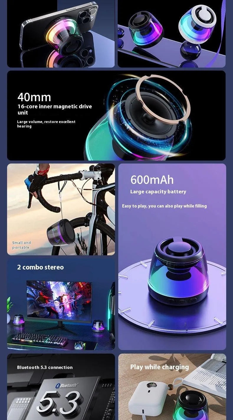 Compact portable Bluetooth 5.3 speaker with 40mm magnetic driver, 600mAh battery, stereo sound