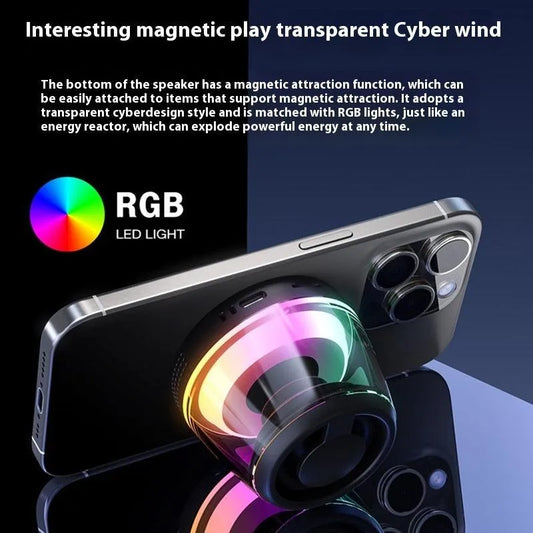 Transparent magnetic wireless speaker with RGB LED lights attached to back of smartphone