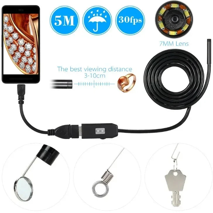 5M waterproof endoscope cable with 7mm lens, showing ring details on phone screen and included mirror, hook, and magnet accessories