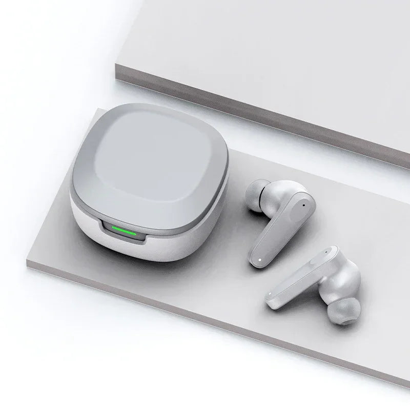 Wireless Bluetooth earbuds with charging case on a minimalist white background