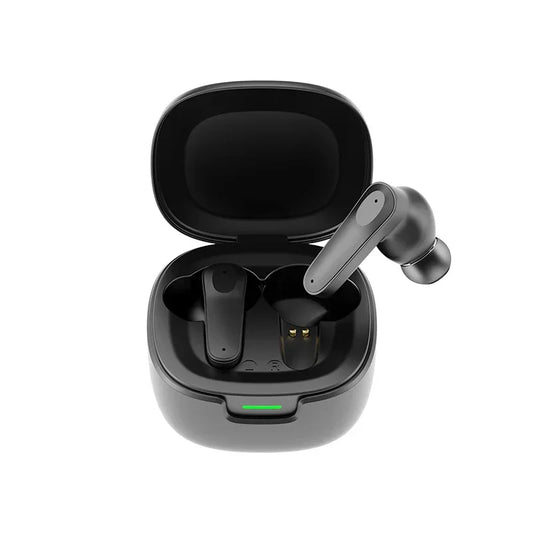 black wireless earbuds with charging case and LED indicator light on white background