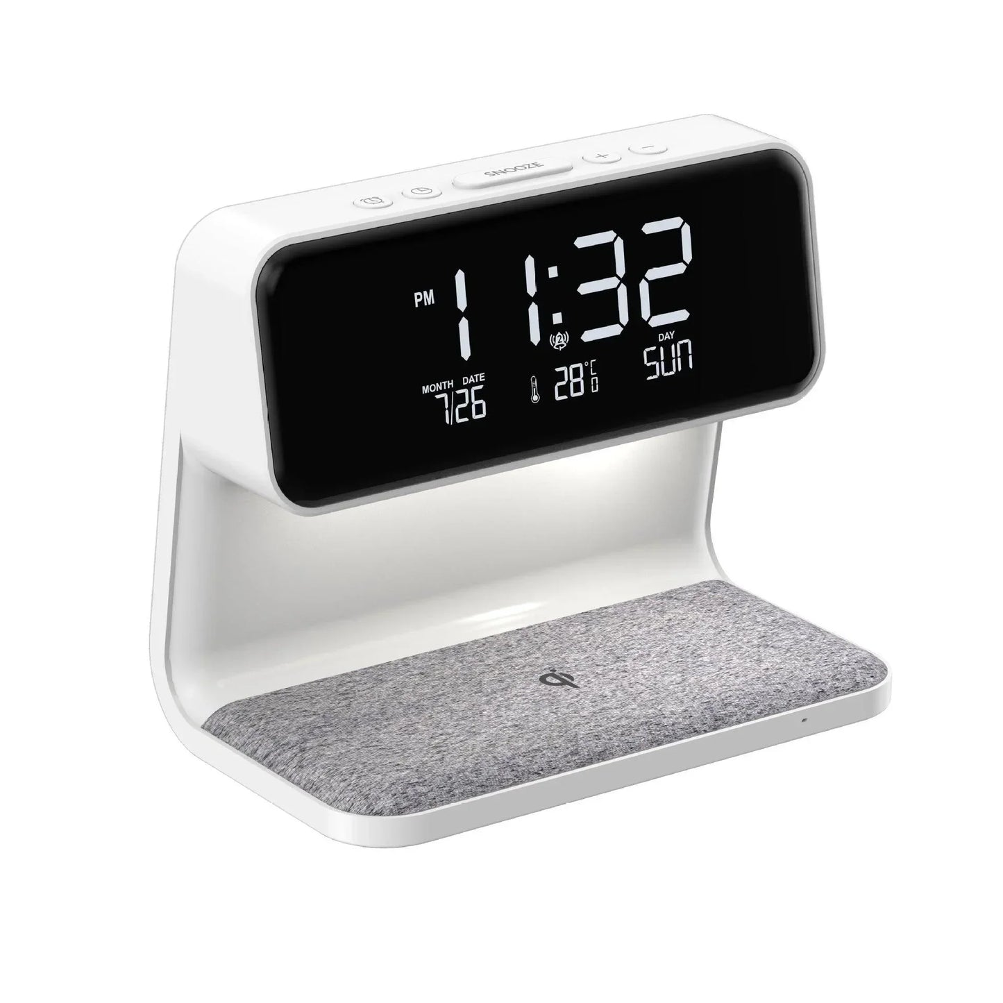 Modern white digital alarm clock with large LED display, showing time, date, temperature, and wireless charging pad