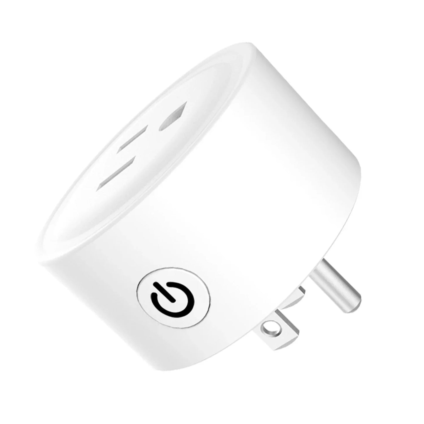 White smart WiFi plug with power button and dual prong, smart home device close-up