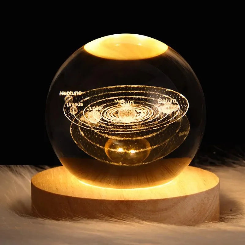 Crystal ball solar system model with LED light on wooden base, night lamp decor