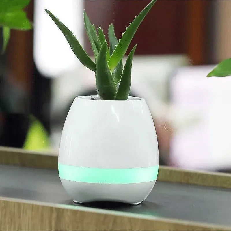 Modern white smart flower pot with green LED light and succulent plant on a table