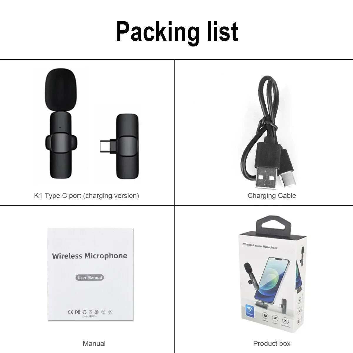 Packing list showing K1 Type C wireless microphone, charging cable, user manual, and product box