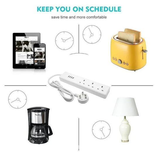 Smart power strip with timer, surrounded by tablet, yellow toaster, coffee maker, and table lamp