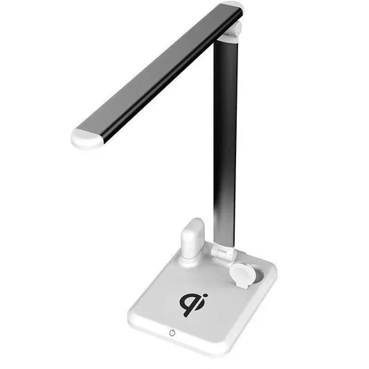 black and white adjustable LED desk lamp with wireless charger and Qi logo on base