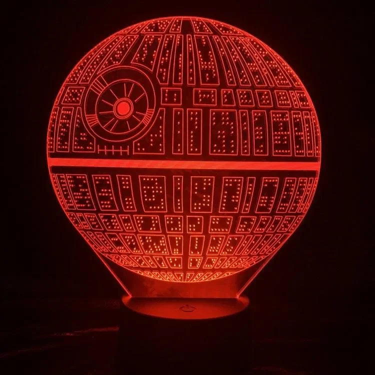 3D illusion red LED light shaped like Star Wars Death Star on black base