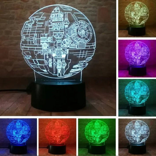 3D Death Star LED lamp with color-changing light modes on black base, glowing in multiple colors