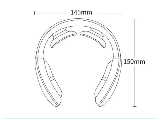 Technical line drawing of a wearable neck massager with dimensions of 145mm by 150mm.
