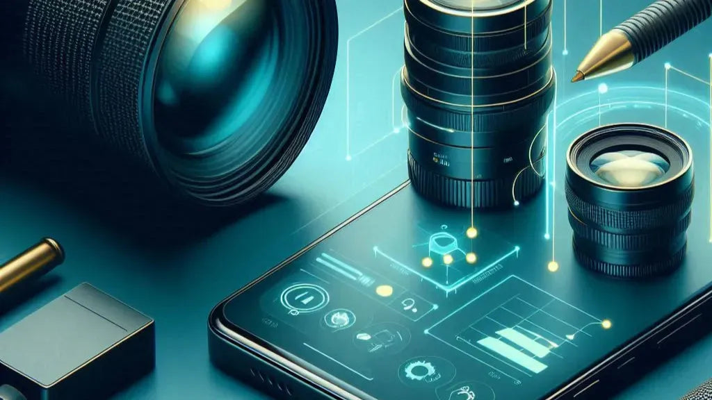 Close-up of camera lenses, smartphone with digital interface, pen, and battery on teal surface