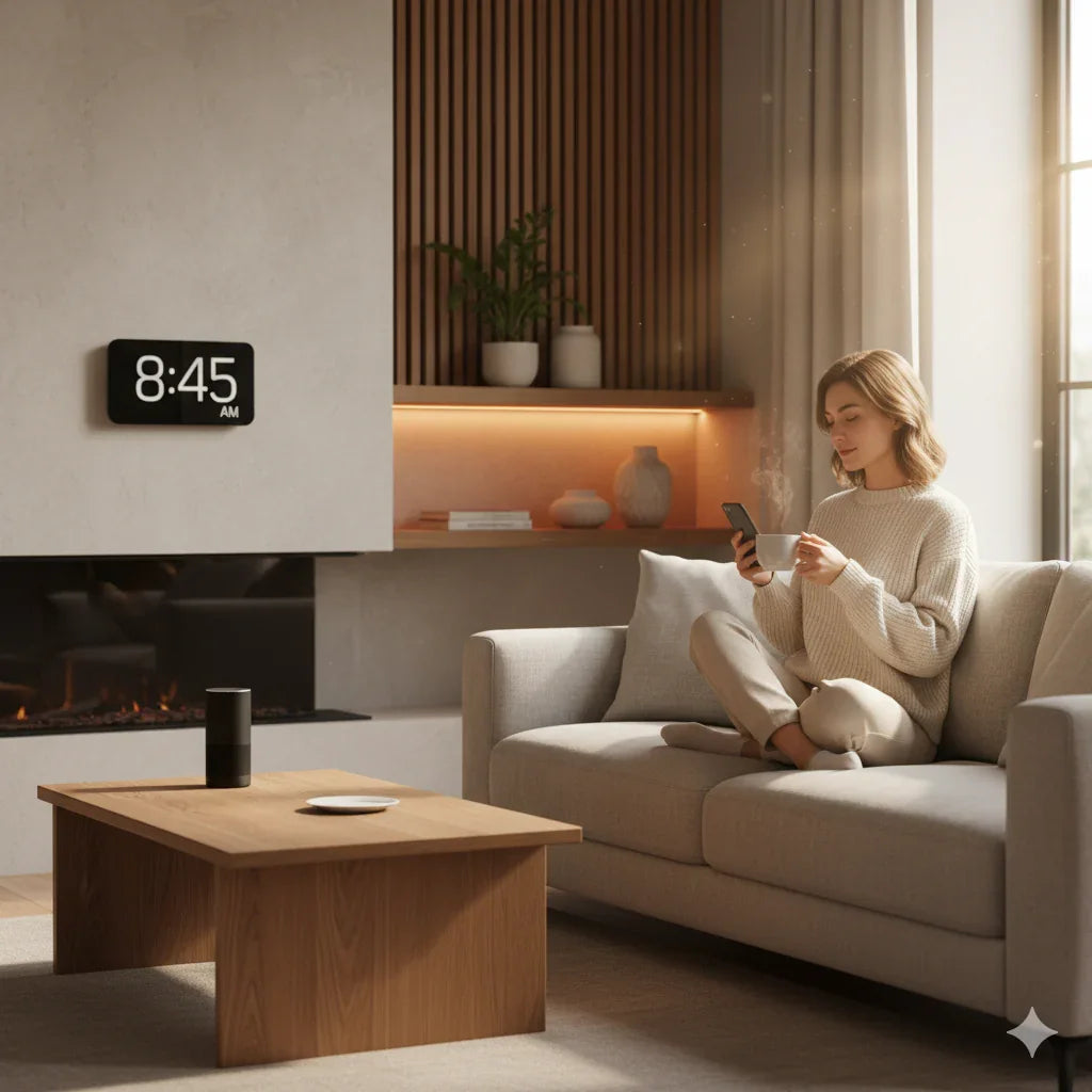 Woman in cozy sweater sitting on sofa with coffee and phone in modern living room at 8:45 AM