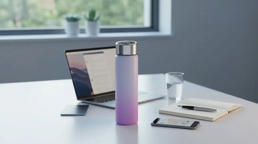 Smart water bottle with temperature display and hydration tracking on a modern home office desk