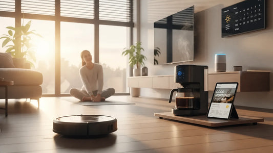 A bright modern smart home morning routine with a robot vacuum, coffee maker, smart display, and connected home devices