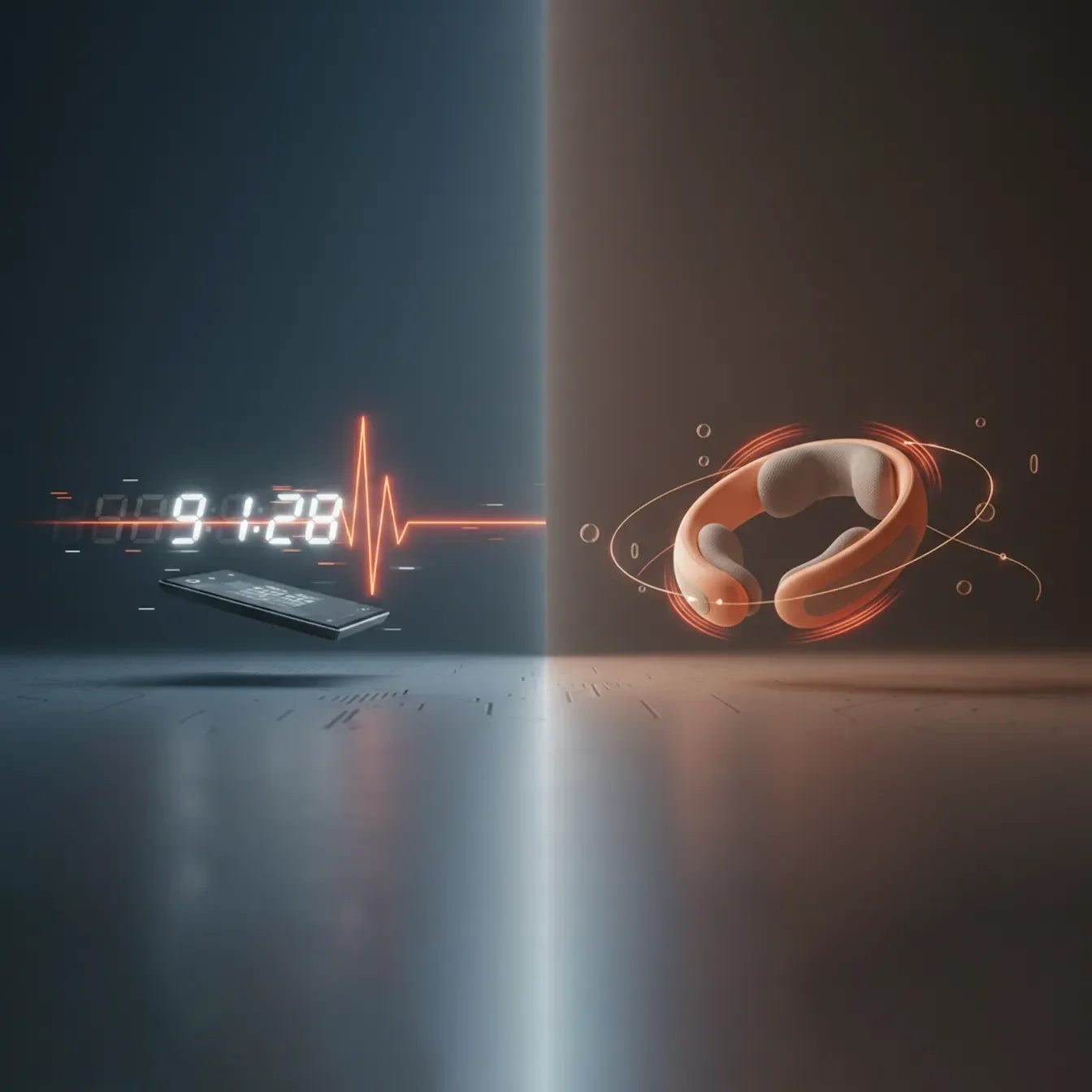Smart neck massager and digital timer with heartbeat line on futuristic background