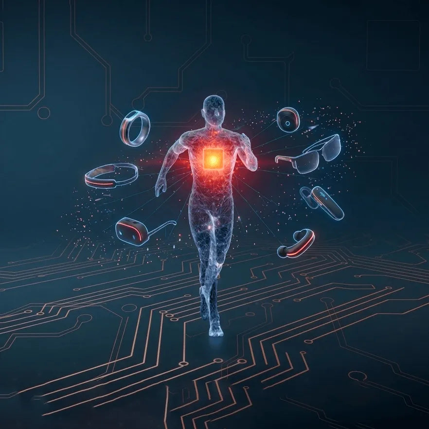 Futuristic smart wearables collection banner featuring a digital human silhouette surrounded by a holographic ecosystem of smart rings, AI earbuds, and smart glasses on a dark navy tech background.