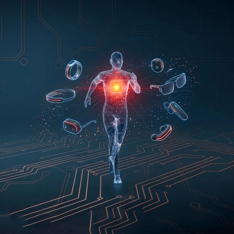 Futuristic smart wearables collection banner featuring a digital human silhouette surrounded by a holographic ecosystem of smart rings, AI earbuds, and smart glasses on a dark navy tech background.