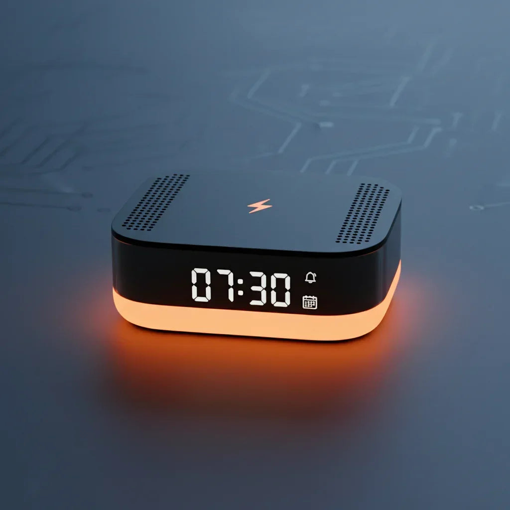 Modern smart alarm clock with digital display and ambient orange LED light, on dark surface.