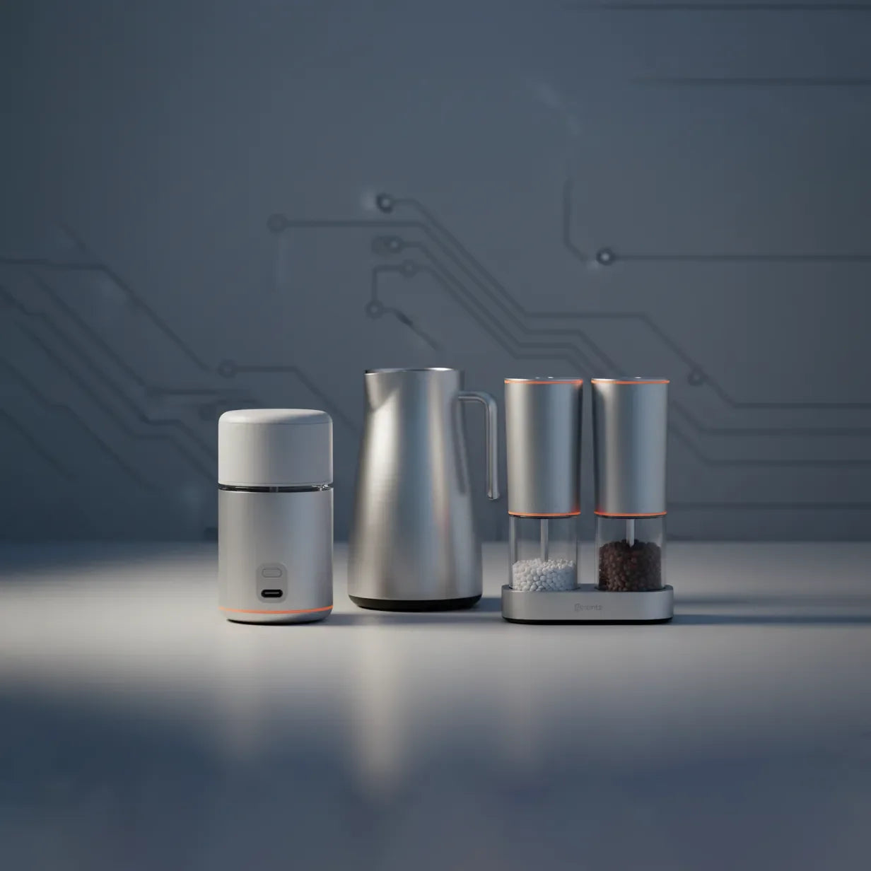Modern smart kitchen gadgets including an electric kettle, grinder, and spice mills on a gray countertop
