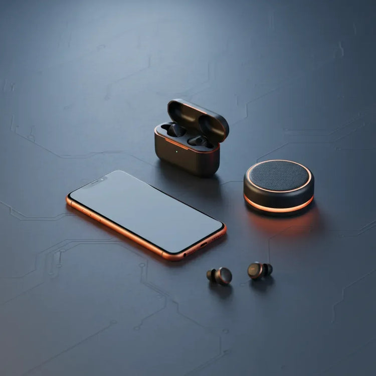 Smart Audio & Sound essentials with earbuds, a compact speaker, and a smartphone on a minimalist slate background - SmartGizmoShop