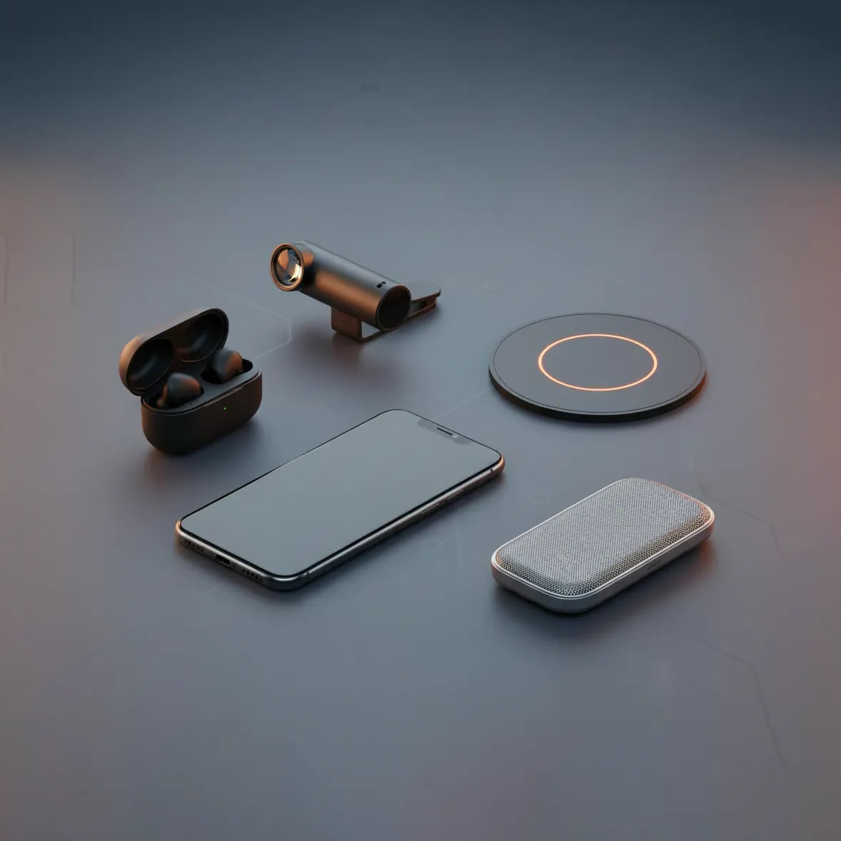 Modern phone essentials including wireless earbuds, smartphone, flashlight, charging pad, portable speaker on dark background