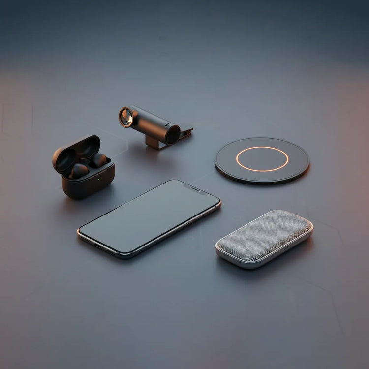 Modern phone essentials including wireless earbuds, smartphone, flashlight, charging pad, portable speaker on dark background