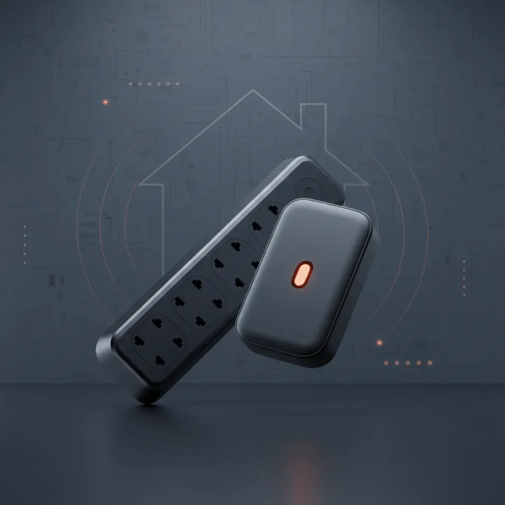 Smart home power strip and remote with illuminated button, modern tech background
