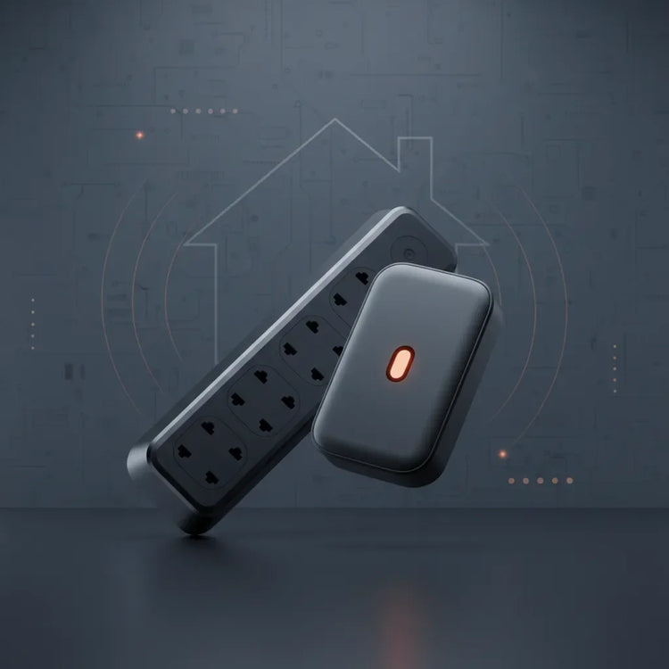 Smart home power strip and remote with illuminated button, modern tech background
