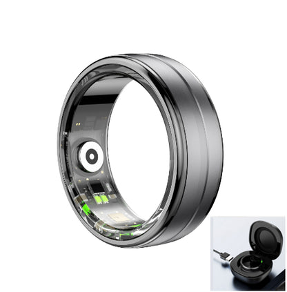 Smart ring with LED display and charging case, sleek tech wearable for modern lifestyle