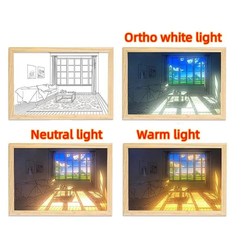 Four framed illustrations showing light effects on room interior: outline, ortho white light, neutral light, warm light