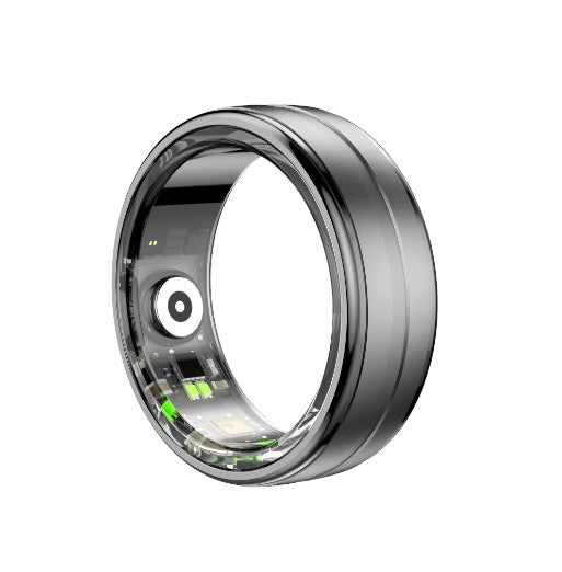 Smart ring with transparent design, internal circuitry, and green LED lights for health tracking