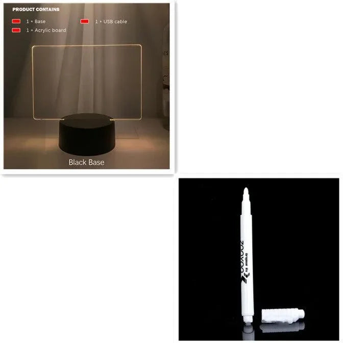 Black base LED acrylic board with USB cable and white marker pen for drawing or writing