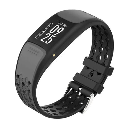 Black smart fitness tracker watch with digital display and textured silicone band