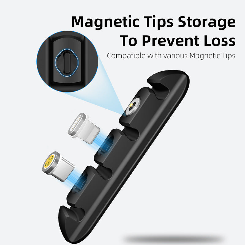 Magnetic tips storage holder for charging cable adapters, black with three magnetic slots.