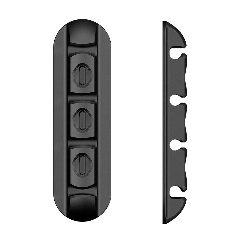 Black cable organizer holder with three slots for managing wires, viewed from front and side.
