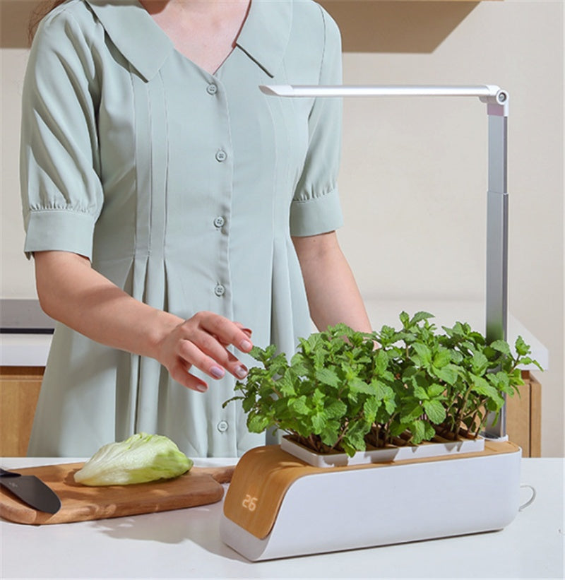 A person tending to fresh green herbs growing in a smart indoor hydroponic garden kit.