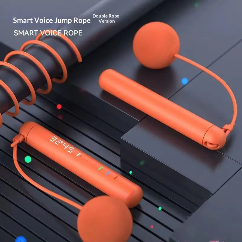 Smart voice jump rope with digital counter, orange handles, double rope version for fitness tracking