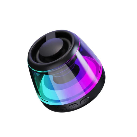 Compact portable Bluetooth speaker with colorful LED lights and control buttons on black base