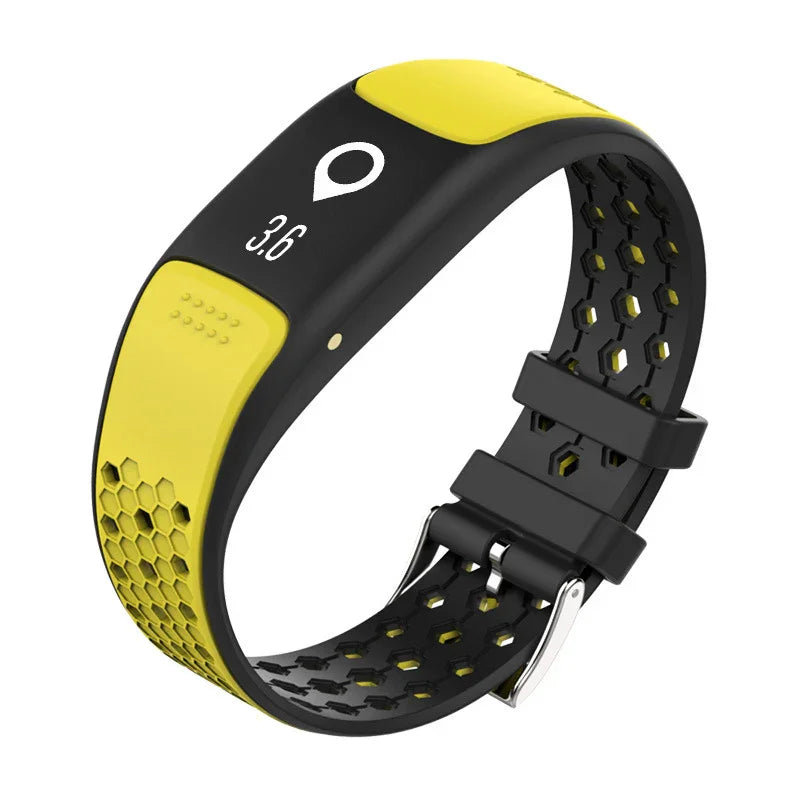 Yellow and black smart fitness tracker with digital display and honeycomb wristband design