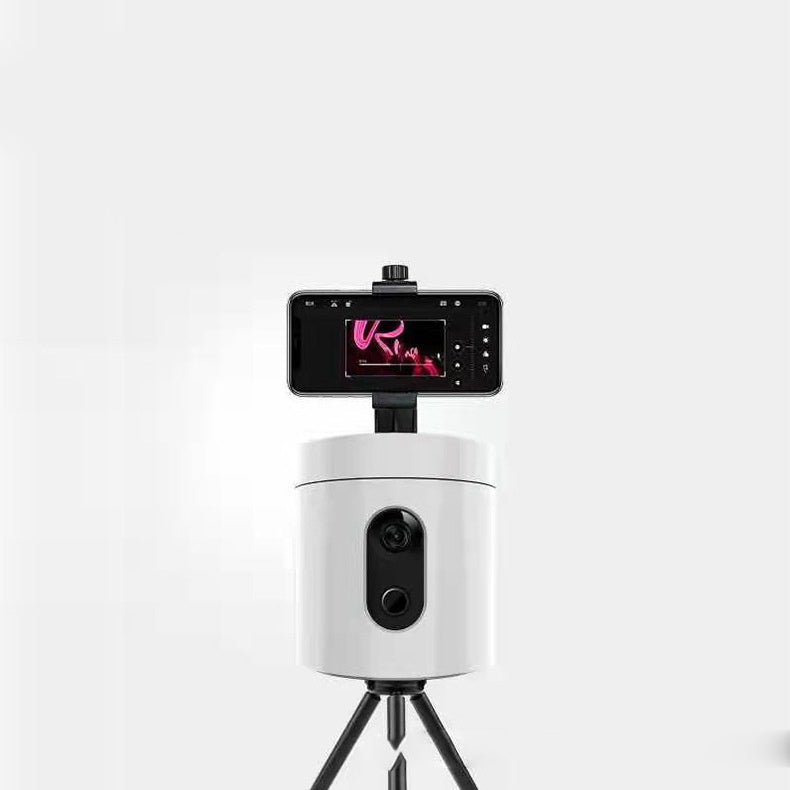 Smart tracking camera tripod with mounted smartphone on minimalist background