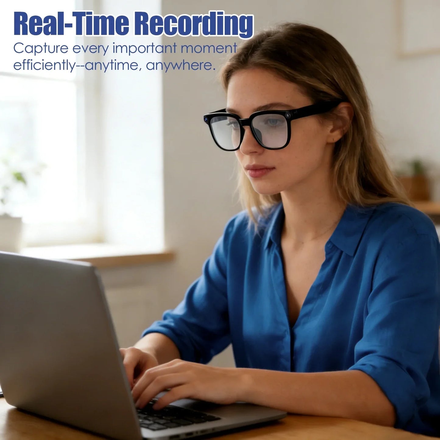 Woman wearing smart glasses recording video while working on laptop indoors.