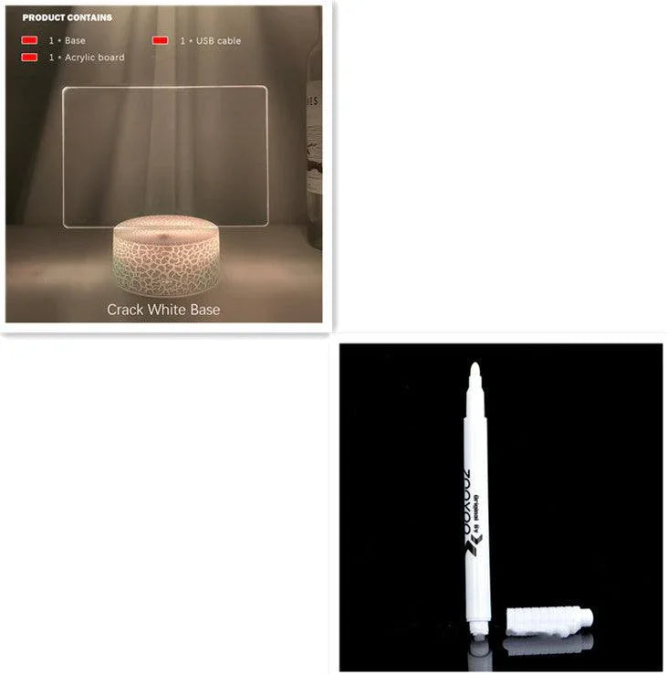 LED light with crack white base and clear acrylic board with USB cable, plus a white marker pen